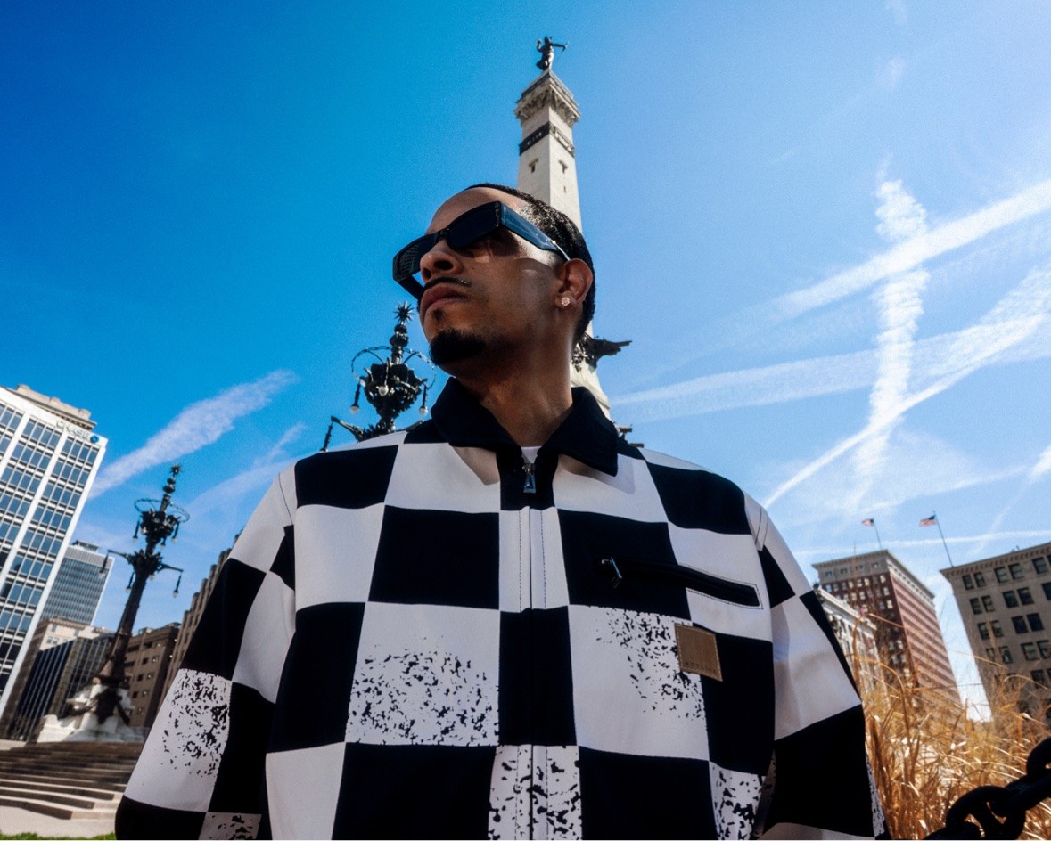 Checkered jacket close-up at Monument Circle